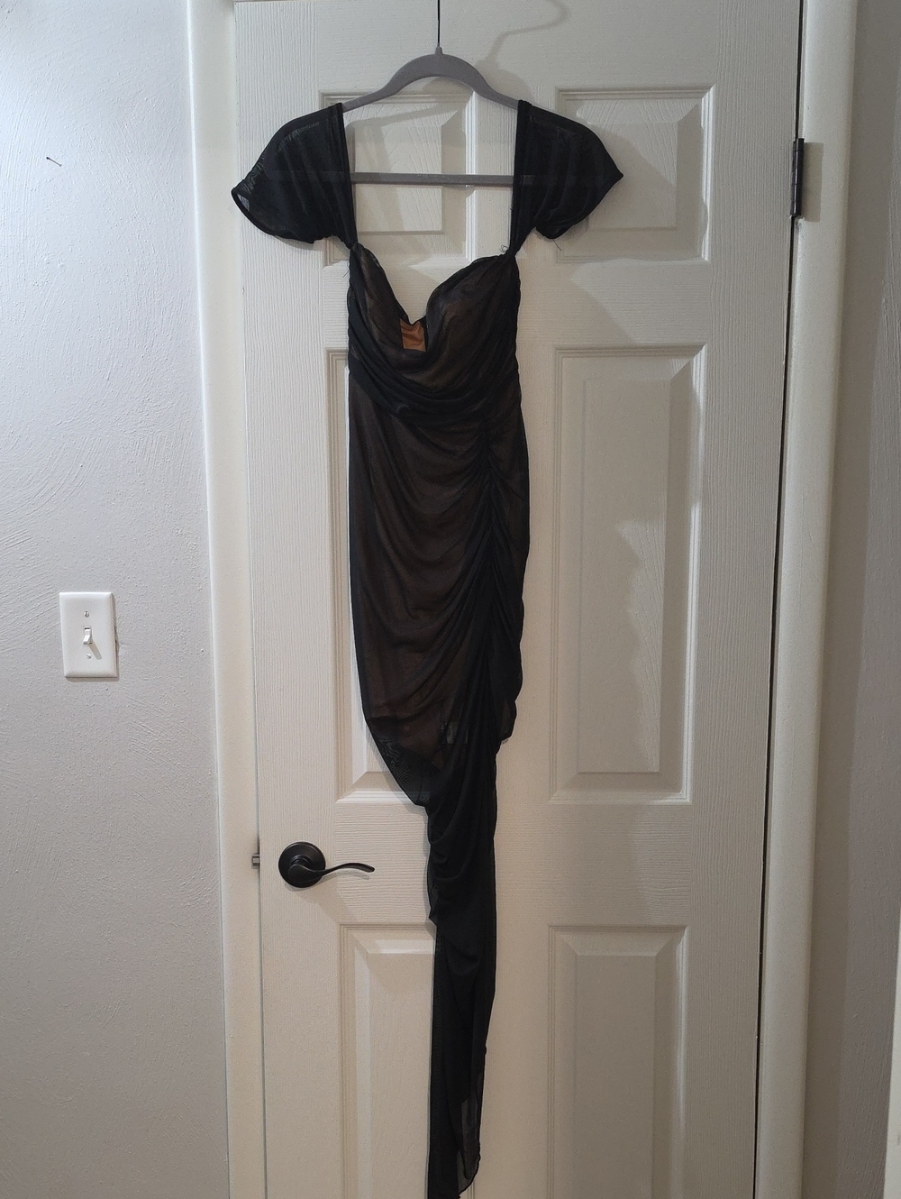 Hello Molly Black Sheer Asymmetrical Ruched Dress